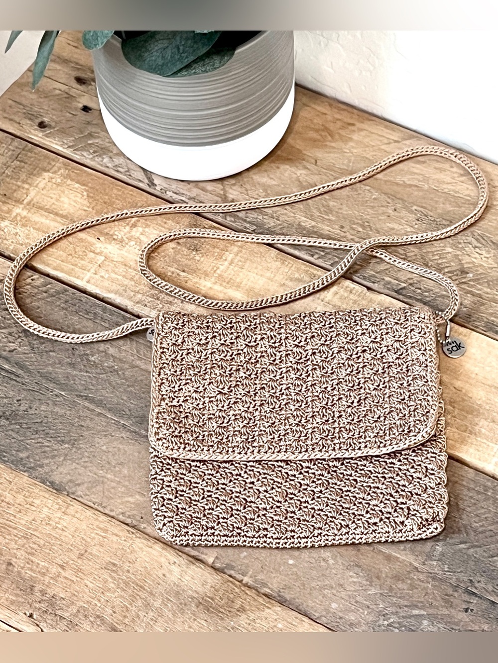 The Sak Vintage Crochet Flap Crossbody Bag Metallic Gold